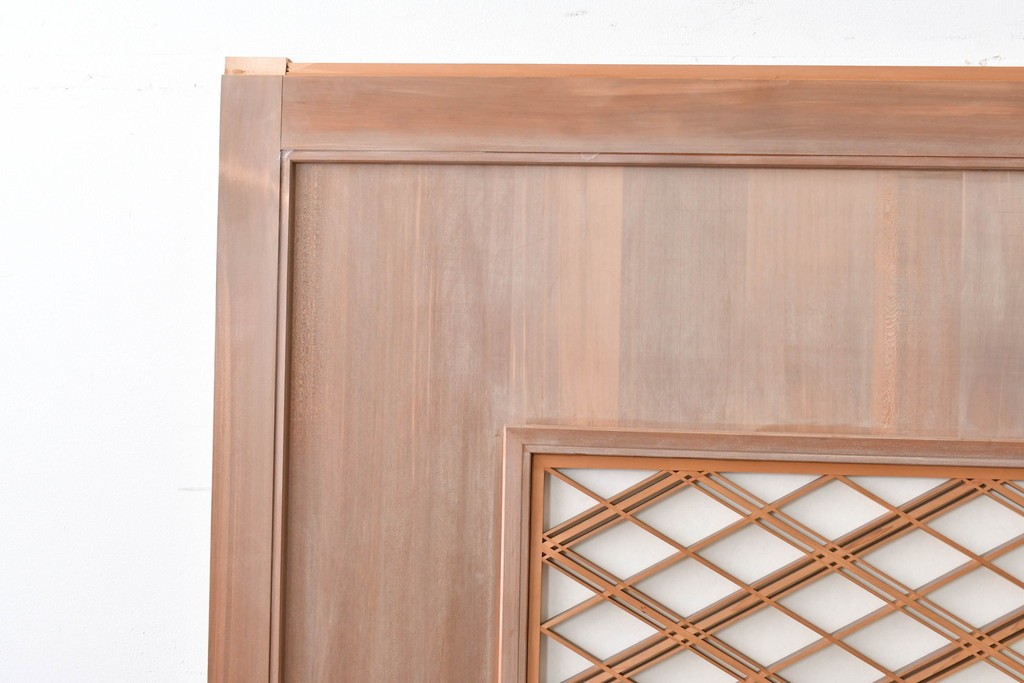 ヴィンテージ建具　昭和中期　高級品　斜め格子の組子が上品な裏障子付き引き戸2枚セット　(R-085037)