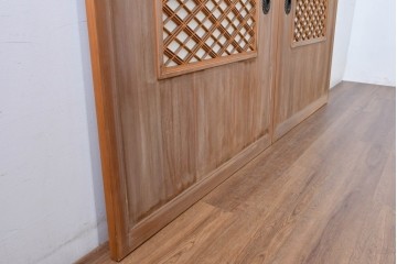 ヴィンテージ建具　昭和中期　高級品　斜め格子の組子が上品な裏障子付き引き戸2枚セット　(R-085037)