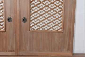 ヴィンテージ建具　昭和中期　高級品　斜め格子の組子が上品な裏障子付き引き戸2枚セット　(R-085037)