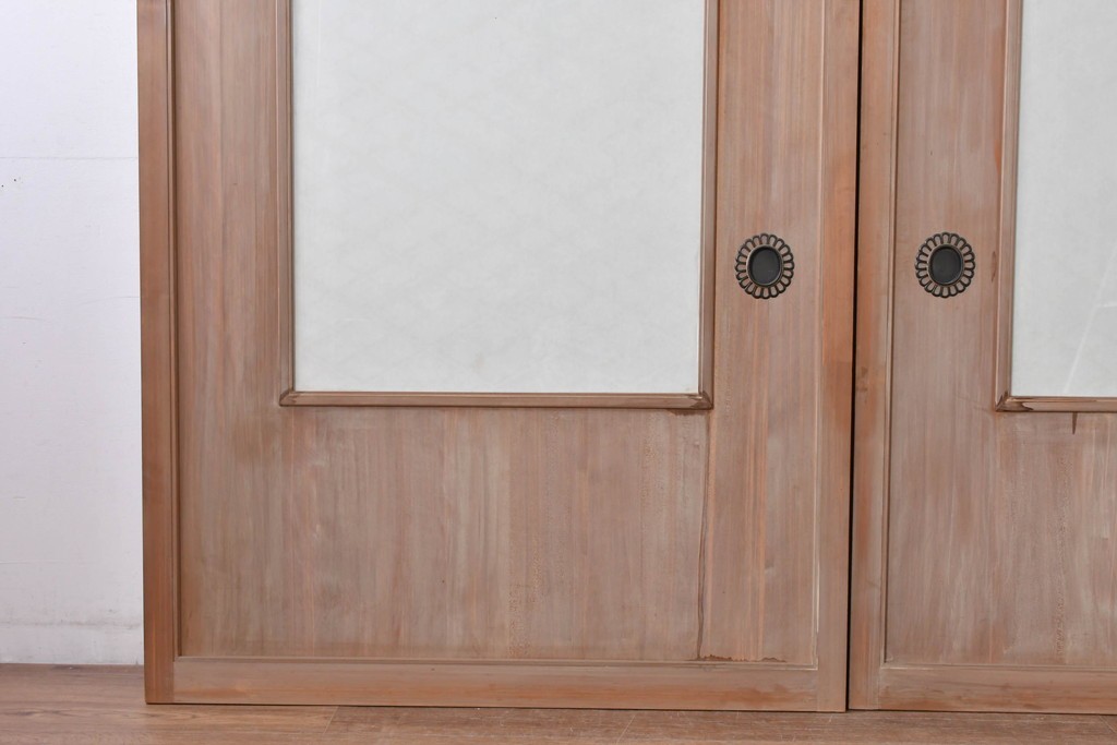 ヴィンテージ建具　昭和中期　高級品　斜め格子の組子が上品な裏障子付き引き戸2枚セット　(R-085037)