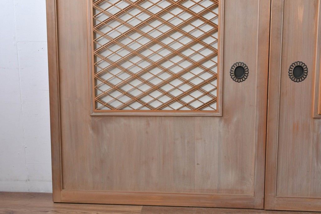 ヴィンテージ建具　昭和中期　高級品　斜め格子の組子が上品な裏障子付き引き戸2枚セット　(R-085038)