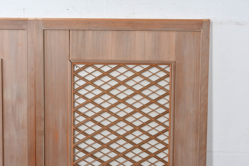 ヴィンテージ建具　昭和中期　高級品　斜め格子の組子が上品な裏障子付き引き戸2枚セット　(R-085038)