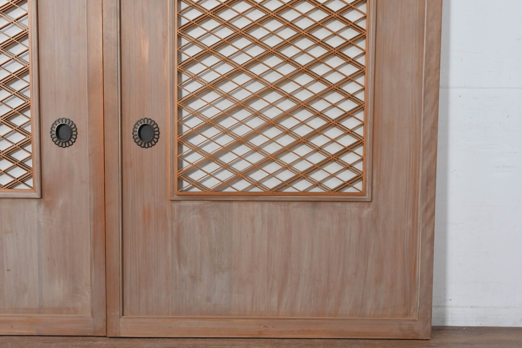 ヴィンテージ建具　昭和中期　高級品　斜め格子の組子が上品な裏障子付き引き戸2枚セット　(R-085038)