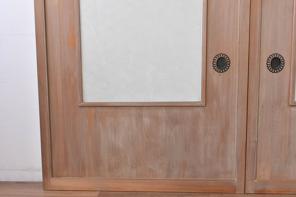 ヴィンテージ建具　昭和中期　高級品　斜め格子の組子が上品な裏障子付き引き戸2枚セット　(R-085038)