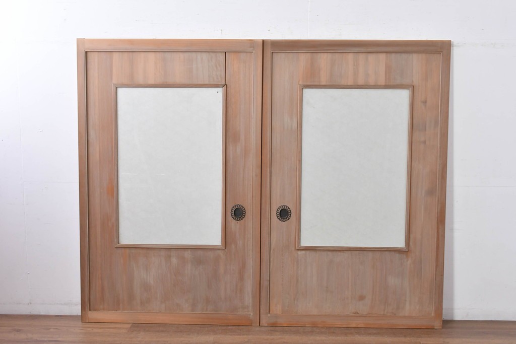 ヴィンテージ建具　昭和中期　高級品　斜め格子の組子が上品な裏障子付き引き戸2枚セット　(R-085038)