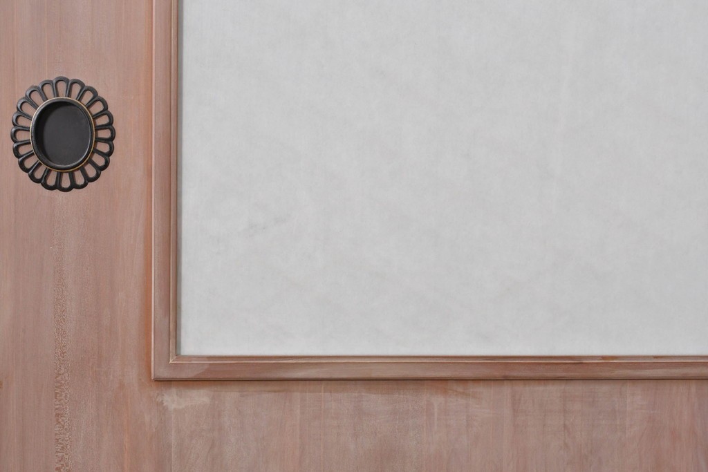 ヴィンテージ建具　昭和中期　高級品　斜め格子の組子が上品な裏障子付き引き戸2枚セット　(R-085038)