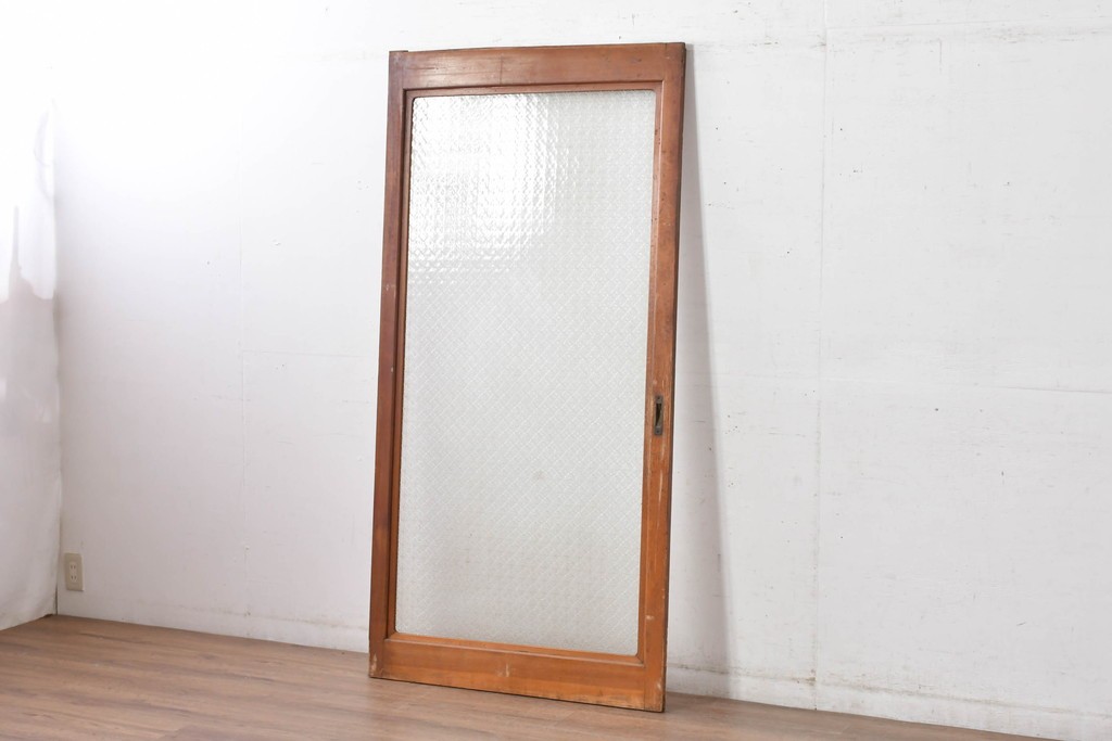 アンティーク建具　昭和初期　希少!　大正ロマン　当時物の花紋プレスガラス入り引き戸1枚　(R-085043)