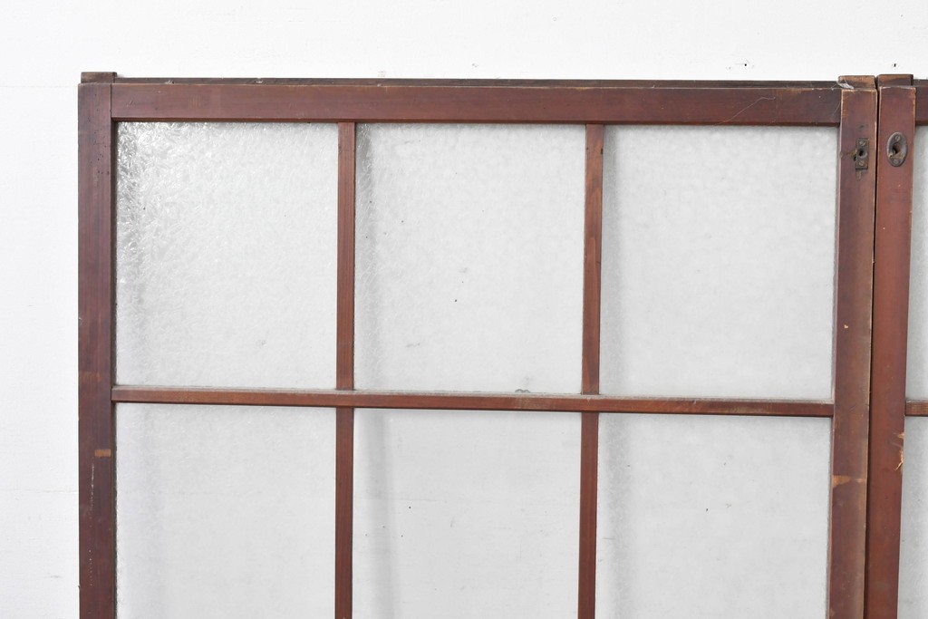 アンティーク建具　昭和初期～中期　大正ロマン　格子意匠のガラス窓2枚セット　(R-085046)