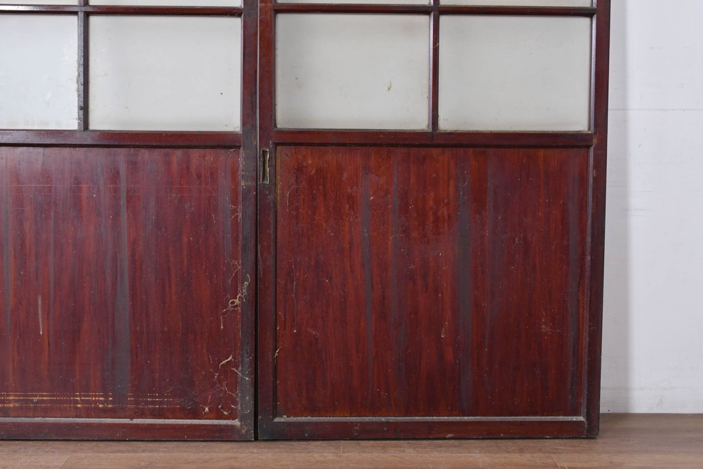 アンティーク建具　昭和初期　光をやわらかく取り込む格子入りのガラス戸3枚セット　(R-085056)