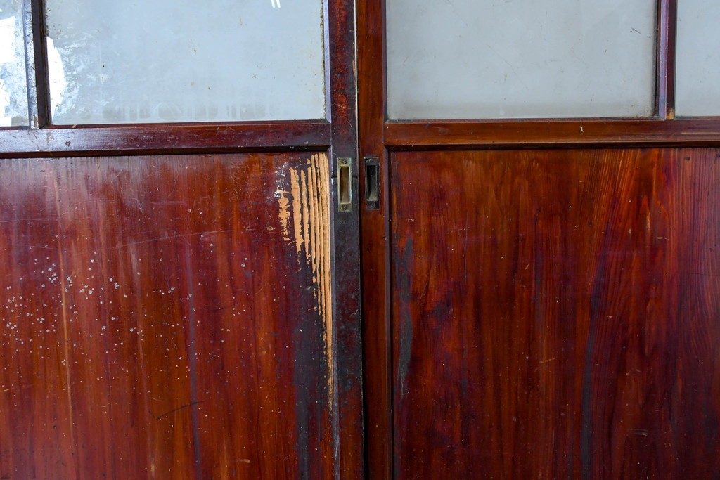 アンティーク建具　昭和初期　光をやわらかく取り込む格子入りのガラス戸3枚セット　(R-085056)