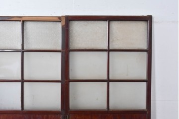 アンティーク建具　昭和初期　光をやわらかく取り込む格子入りのガラス戸3枚セット　(R-085056)