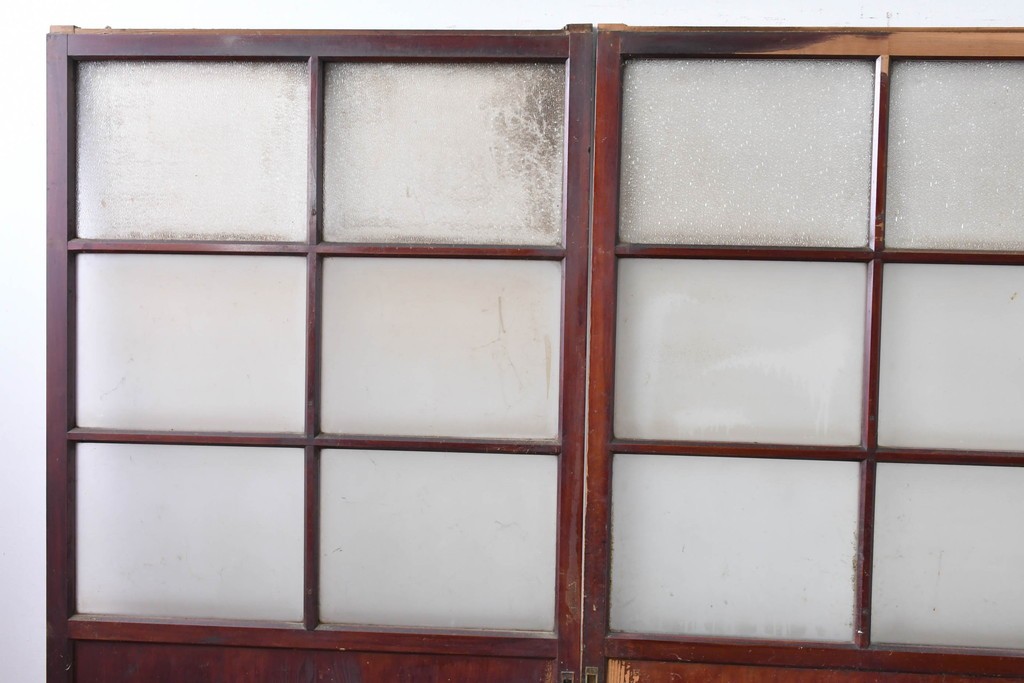 アンティーク建具　昭和初期　光をやわらかく取り込む格子入りのガラス戸3枚セット　(R-085056)