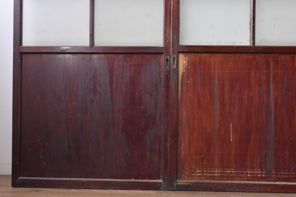 アンティーク建具　昭和初期　光をやわらかく取り込む格子入りのガラス戸3枚セット　(R-085056)