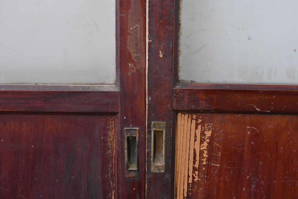 アンティーク建具　昭和初期　光をやわらかく取り込む格子入りのガラス戸3枚セット　(R-085056)