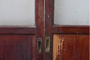 アンティーク建具　昭和初期　光をやわらかく取り込む格子入りのガラス戸3枚セット　(R-085056)