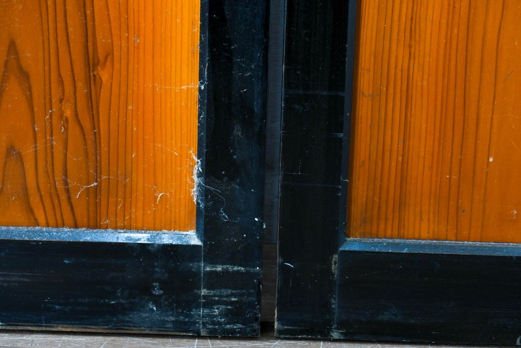 アンティーク建具　昭和初期～中期　板戸とガラス帯を組み合わせたガラス帯戸2枚セット　(R-085057)