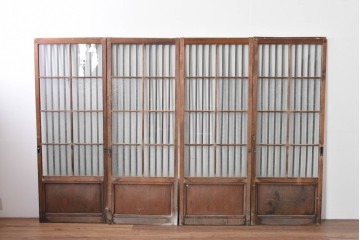 ヴィンテージ建具　昭和中期　結霜ガラス入りの幅狭玄関戸4枚セット　(R-085061)