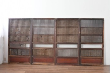 アンティーク建具　昭和初期　細やかな縦桟の裏障子付き格子戸4枚セット　(R-085062)