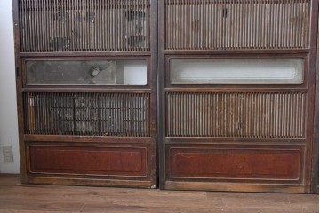 アンティーク建具　昭和初期　細やかな縦桟の裏障子付き格子戸4枚セット　(R-085062)