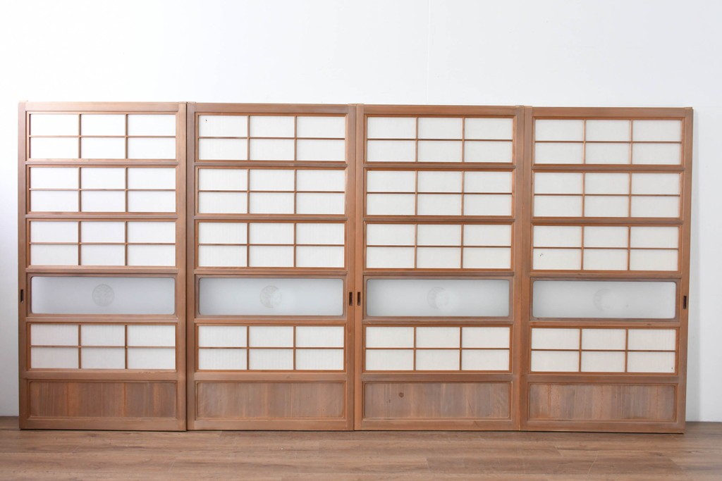 ヴィンテージ建具　昭和中期　ガラス帯に茗荷紋の入った裏障子付き格子戸4枚セット　(R-085065)