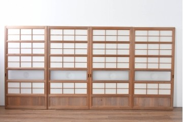 ヴィンテージ建具　昭和中期　ガラス帯に茗荷紋の入った裏障子付き格子戸4枚セット　(R-085065)