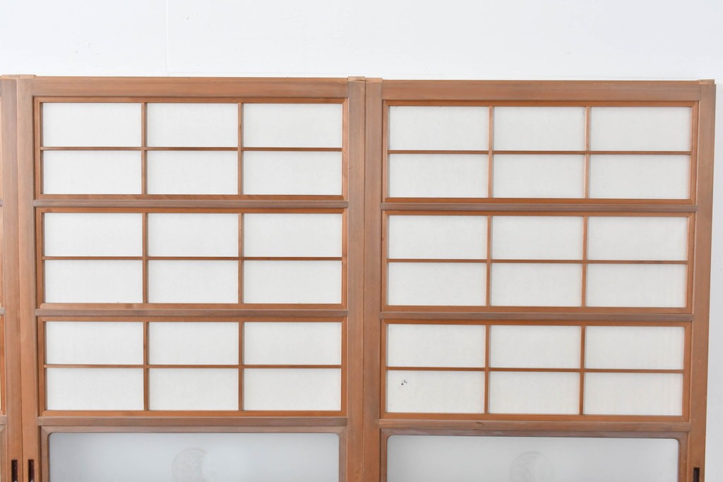 ヴィンテージ建具　昭和中期　ガラス帯に茗荷紋の入った裏障子付き格子戸4枚セット　(R-085065)