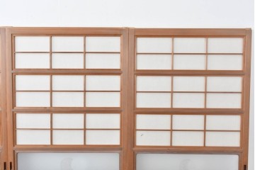 ヴィンテージ建具　昭和中期　ガラス帯に茗荷紋の入った裏障子付き格子戸4枚セット　(R-085065)