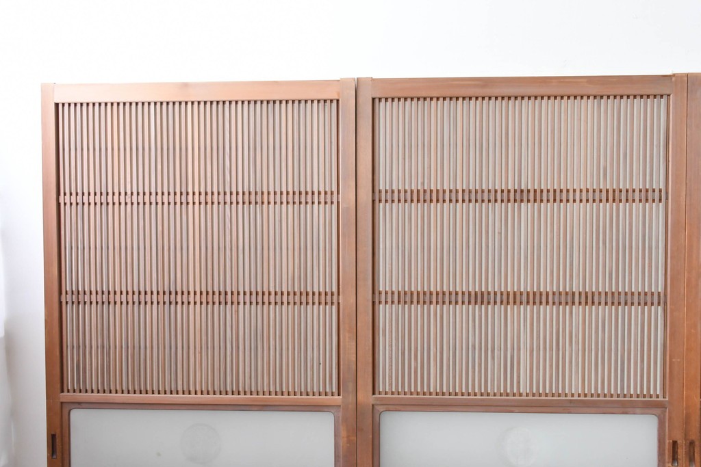 ヴィンテージ建具　昭和中期　ガラス帯に茗荷紋の入った裏障子付き格子戸4枚セット　(R-085065)