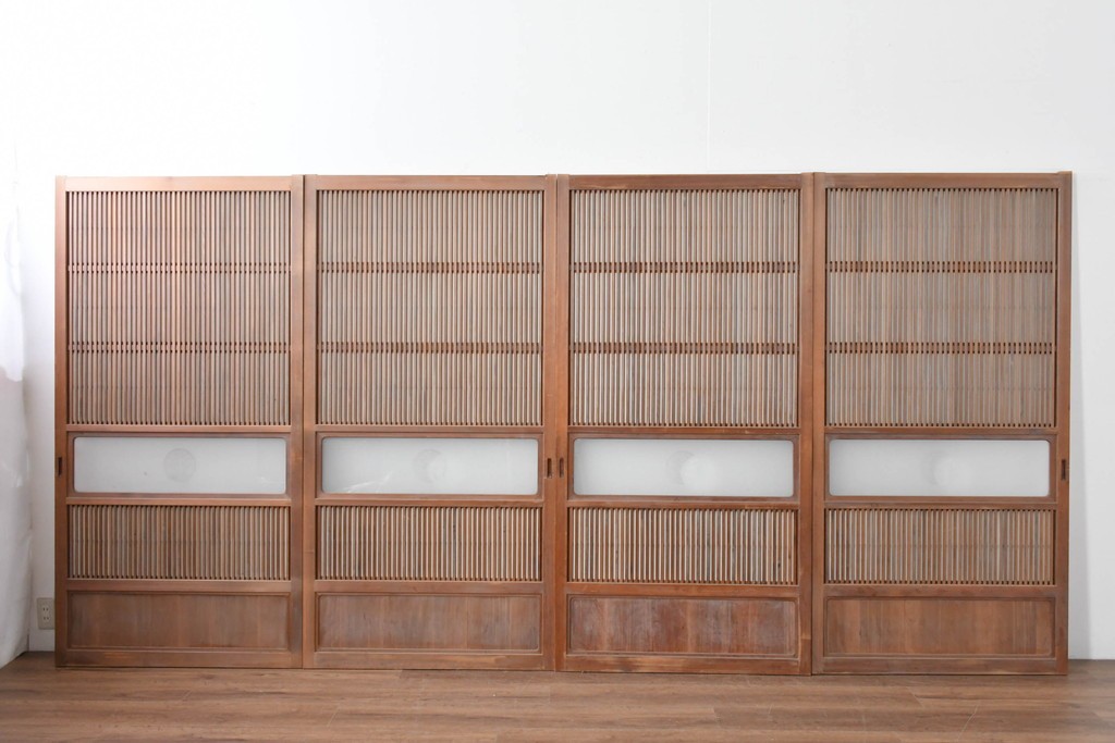 ヴィンテージ建具　昭和中期　ガラス帯に茗荷紋の入った裏障子付き格子戸4枚セット　(R-085065)