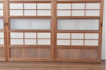 ヴィンテージ建具　昭和中期　ガラス帯に茗荷紋の入った裏障子付き格子戸4枚セット　(R-085065)