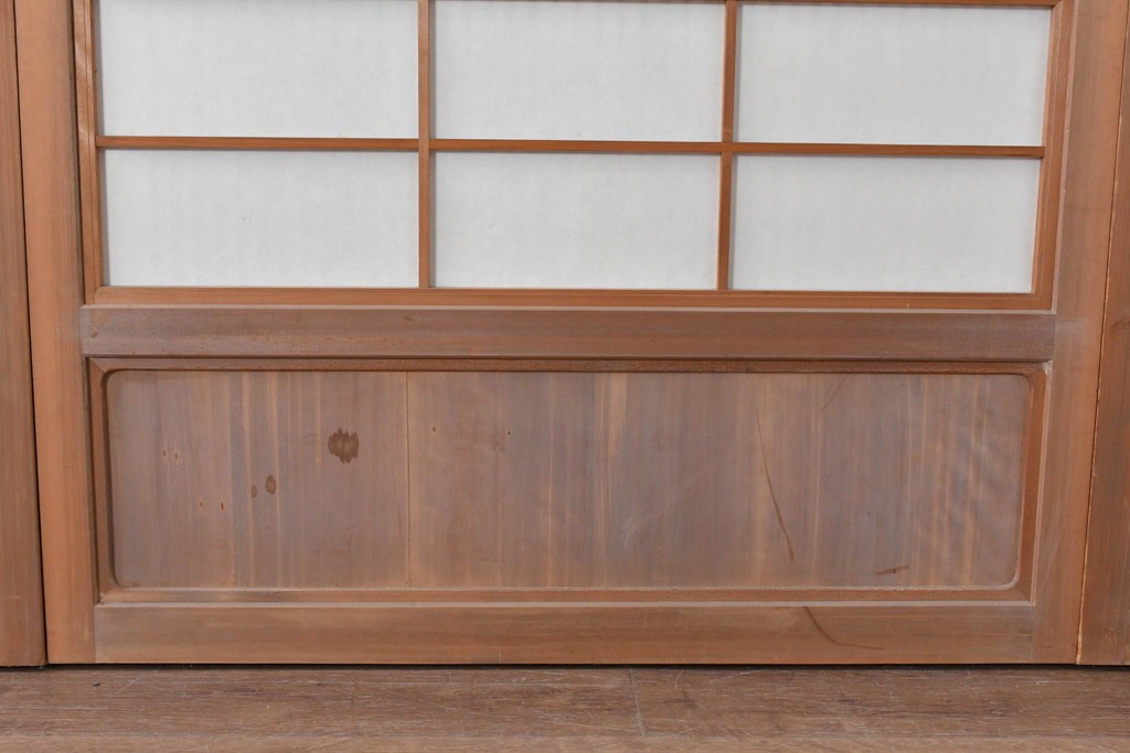 ヴィンテージ建具　昭和中期　ガラス帯に茗荷紋の入った裏障子付き格子戸4枚セット　(R-085065)