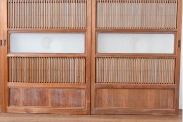 ヴィンテージ建具　昭和中期　ガラス帯に茗荷紋の入った裏障子付き格子戸4枚セット　(R-085065)