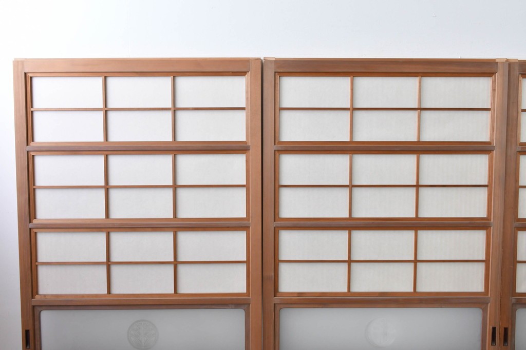 ヴィンテージ建具　昭和中期　ガラス帯に茗荷紋の入った裏障子付き格子戸4枚セット　(R-085066)