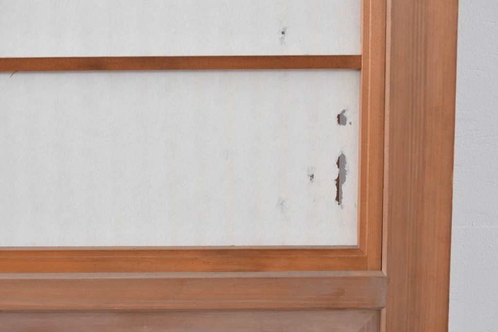 ヴィンテージ建具　昭和中期　ガラス帯に茗荷紋の入った裏障子付き格子戸4枚セット　(R-085066)