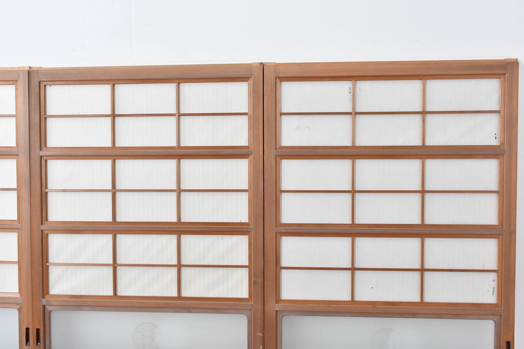 ヴィンテージ建具　昭和中期　ガラス帯に茗荷紋の入った裏障子付き格子戸4枚セット　(R-085066)