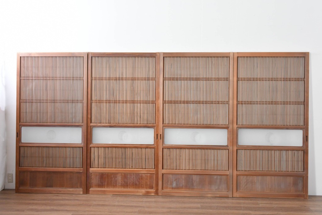 ヴィンテージ建具　昭和中期　ガラス帯に茗荷紋の入った裏障子付き格子戸4枚セット　(R-085066)