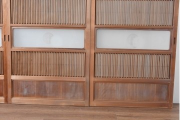 ヴィンテージ建具　昭和中期　ガラス帯に茗荷紋の入った裏障子付き格子戸4枚セット　(R-085066)