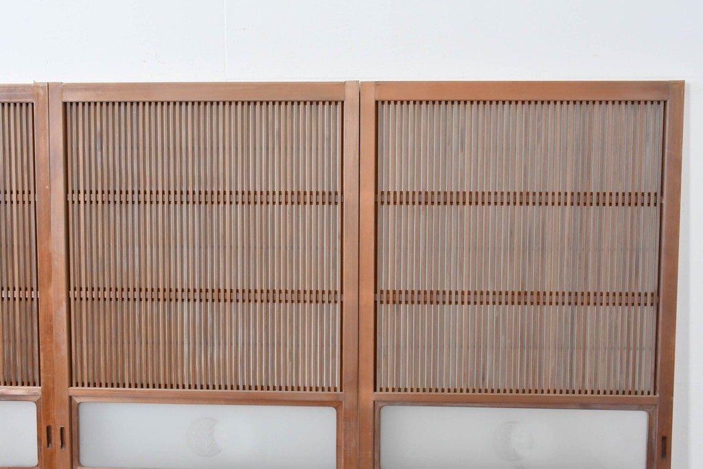 ヴィンテージ建具　昭和中期　ガラス帯に茗荷紋の入った裏障子付き格子戸4枚セット　(R-085066)