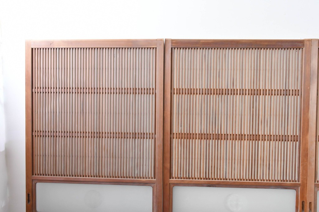 ヴィンテージ建具　昭和中期　ガラス帯に茗荷紋の入った裏障子付き格子戸4枚セット　(R-085066)