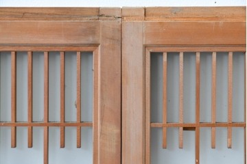 ヴィンテージ建具　昭和後期　片面ガラス　富士を背景に舞う二羽の鶴が彫刻された書院戸2枚セット　(R-085072)