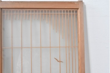 ヴィンテージ建具　昭和後期　上手物　富士山・松・帆船図　彫刻入り　組子意匠が美しい両面ガラスの書院戸4枚セット　(R-085073)