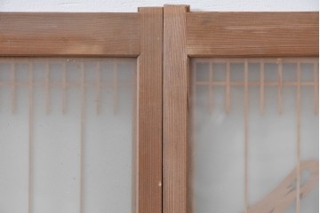 ヴィンテージ建具　昭和後期　上手物　富士山・松・帆船図　彫刻入り　組子意匠が美しい両面ガラスの書院戸4枚セット　(R-085073)