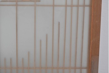 ヴィンテージ建具　昭和後期　上手物　富士山・松・帆船図　彫刻入り　組子意匠が美しい両面ガラスの書院戸4枚セット　(R-085073)