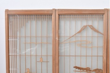 ヴィンテージ建具　昭和後期　上手物　富士山・松・帆船図　彫刻入り　組子意匠が美しい両面ガラスの書院戸4枚セット　(R-085073)