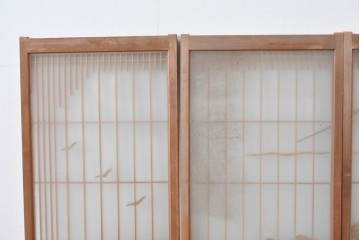 ヴィンテージ建具　昭和後期　上手物　富士山・松・帆船図　彫刻入り　組子意匠が美しい両面ガラスの書院戸4枚セット　(R-085073)