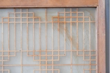 ヴィンテージ建具　昭和中期　彫刻入り　幾何学文様の組子と蓮の透かし彫りが美しい両面ガラス書院戸4枚セット　(R-085074)