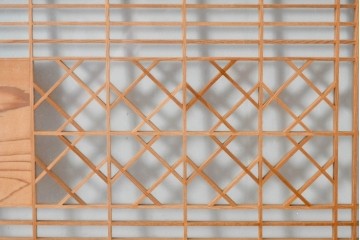 ヴィンテージ建具　昭和後期　繊細な組子と松竹梅の彫刻が入った両面ガラス欄間2枚セット　(R-085087)