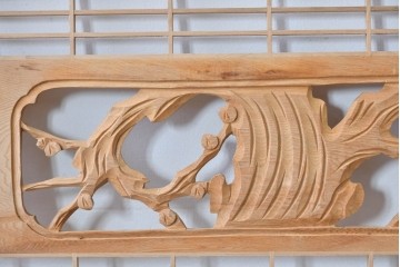 ヴィンテージ建具　昭和後期　松竹梅の彫刻と麻の葉文様が入った組子欄間2枚セット　(R-085088)