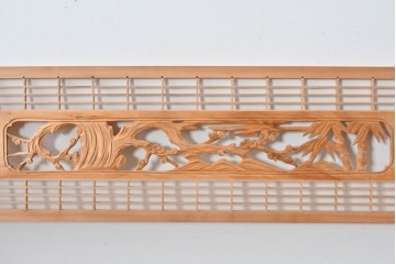 ヴィンテージ建具　昭和後期　松竹梅の彫刻と麻の葉文様が入った組子欄間2枚セット　(R-085088)