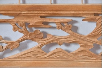 ヴィンテージ建具　昭和後期　松竹梅の彫刻と麻の葉文様が入った組子欄間2枚セット　(R-085088)